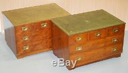 Pair Of Bevan Funell Mahogany Green Leather Military Campaign Chests Of Drawers