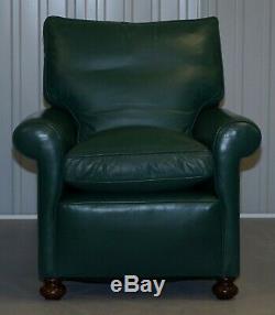 Pair Of Edwardian Circa 1910 Soft Green Leather Feather Filled Cushion Armchairs