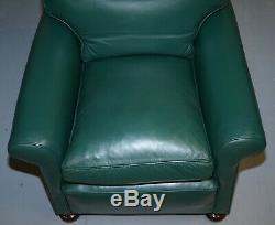 Pair Of Edwardian Circa 1910 Soft Green Leather Feather Filled Cushion Armchairs