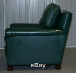 Pair Of Edwardian Circa 1910 Soft Green Leather Feather Filled Cushion Armchairs