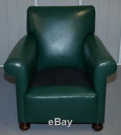 Pair Of Edwardian Circa 1910 Soft Green Leather Feather Filled Cushion Armchairs