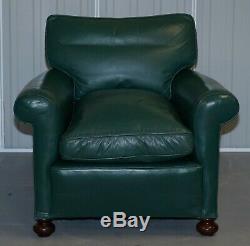 Pair Of Edwardian Circa 1910 Soft Green Leather Feather Filled Cushion Armchairs