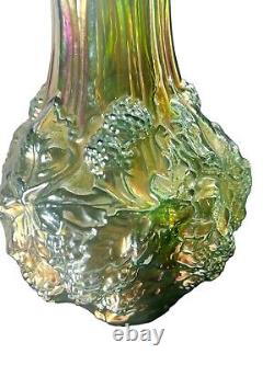 Pair Of Rare Antique Imperial Helios Green Loganberry Carnival Glass Vases 9.5