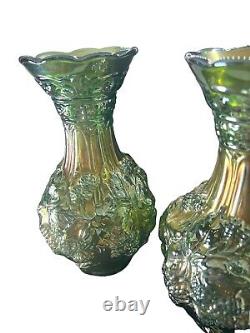Pair Of Rare Antique Imperial Helios Green Loganberry Carnival Glass Vases 9.5