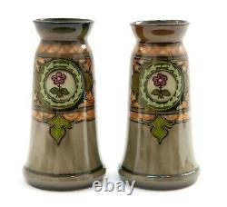 Pair Royal Bonn Secessionist Art Pottery Antique Vases in Green with Tubelining