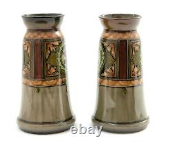 Pair Royal Bonn Secessionist Art Pottery Antique Vases in Green with Tubelining