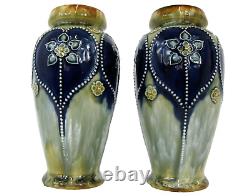 Pair Royal Doulton Antique Art Nouveau Salt Glazed Green/Blue Small Vases 15.5cm