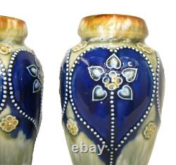 Pair Royal Doulton Antique Art Nouveau Salt Glazed Green/Blue Small Vases 15.5cm