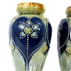 Pair Royal Doulton Antique Art Nouveau Salt Glazed Green/Blue Small Vases 15.5cm