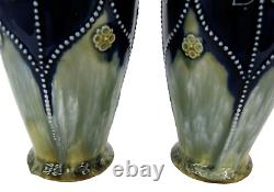 Pair Royal Doulton Antique Art Nouveau Salt Glazed Green/Blue Small Vases 15.5cm