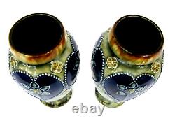 Pair Royal Doulton Antique Art Nouveau Salt Glazed Green/Blue Small Vases 15.5cm
