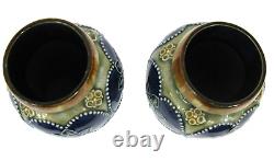 Pair Royal Doulton Antique Art Nouveau Salt Glazed Green/Blue Small Vases 15.5cm