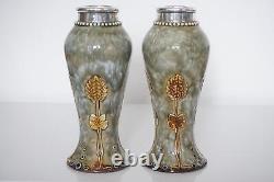 Pair Royal Doulton Lambeth Art Nouveau Silver Mounted Vases c. 1910