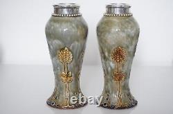 Pair Royal Doulton Lambeth Art Nouveau Silver Mounted Vases c. 1910
