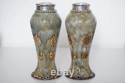 Pair Royal Doulton Lambeth Art Nouveau Silver Mounted Vases c. 1910