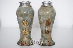 Pair Royal Doulton Lambeth Art Nouveau Silver Mounted Vases c. 1910