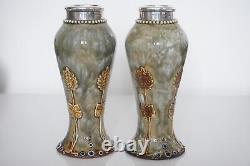 Pair Royal Doulton Lambeth Art Nouveau Silver Mounted Vases c. 1910