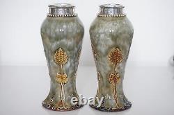 Pair Royal Doulton Lambeth Art Nouveau Silver Mounted Vases c. 1910