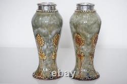 Pair Royal Doulton Lambeth Art Nouveau Silver Mounted Vases c. 1910