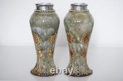 Pair Royal Doulton Lambeth Art Nouveau Silver Mounted Vases c. 1910