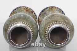 Pair Royal Doulton Lambeth Art Nouveau Silver Mounted Vases c. 1910