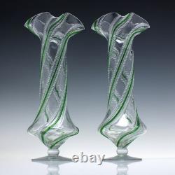 Pair Tall Stevens & Williams Art Nouveau Green Trailed Glass Vases c1895