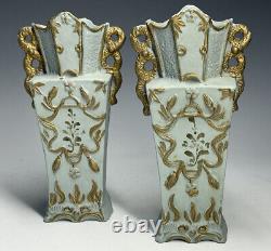 Pair of Antique Art Nouveau Green Bisque Jasperware Porcelain Gilt Vases Flowers