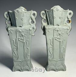 Pair of Antique Art Nouveau Green Bisque Jasperware Porcelain Gilt Vases Flowers