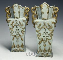 Pair of Antique Art Nouveau Green Bisque Jasperware Porcelain Gilt Vases Flowers