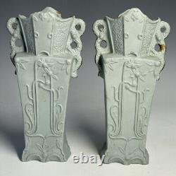 Pair of Antique Art Nouveau Green Bisque Jasperware Porcelain Gilt Vases Flowers