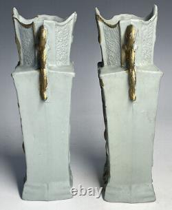 Pair of Antique Art Nouveau Green Bisque Jasperware Porcelain Gilt Vases Flowers