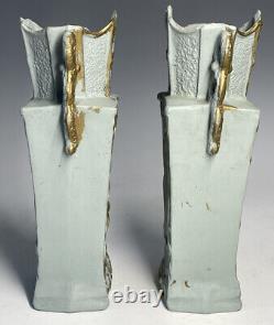 Pair of Antique Art Nouveau Green Bisque Jasperware Porcelain Gilt Vases Flowers