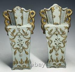 Pair of Antique Art Nouveau Green Bisque Jasperware Porcelain Gilt Vases Flowers