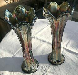 Pair of Antique Carnival Glass Swing Vase Green Fenton Plume Panels Pattern