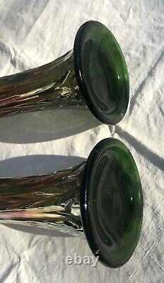 Pair of Antique Carnival Glass Swing Vase Green Fenton Plume Panels Pattern