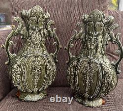 Pair of Art Nouveau Staffordshire Alhambra Majolica Twin Handled Vases 40cm Tall