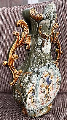 Pair of Art Nouveau Staffordshire Alhambra Majolica Twin Handled Vases 40cm Tall