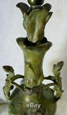 Pair of French Art Nouveau Sculpted Bronze and Green Marble Floral Table Lamps