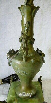 Pair of French Art Nouveau Sculpted Bronze and Green Marble Floral Table Lamps