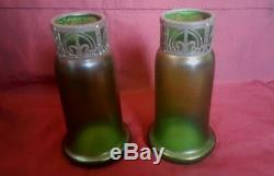 Pair of Iridescent Glass Vases with Pierced Metal Collars Jugendstil c1905