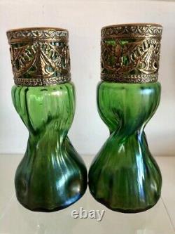 Pair of Loetz Iridescent Glass Vases Green Art Nouveau