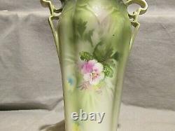 Pair of R. S. Prussia Pink, Blue & Yellow Flowers on Green Ground Vases 10 1/2h