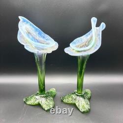 Pair of Victorian Kralik Opalescent Jack In The Pulpit Floriform Glass Vases