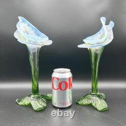 Pair of Victorian Kralik Opalescent Jack In The Pulpit Floriform Glass Vases