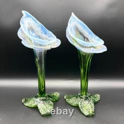 Pair of Victorian Kralik Opalescent Jack In The Pulpit Floriform Glass Vases