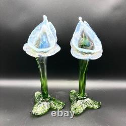 Pair of Victorian Kralik Opalescent Jack In The Pulpit Floriform Glass Vases