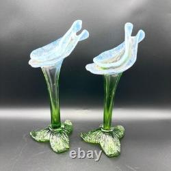 Pair of Victorian Kralik Opalescent Jack In The Pulpit Floriform Glass Vases