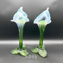 Pair of Victorian Kralik Opalescent Jack In The Pulpit Floriform Glass Vases Pair of Victorian Kralik Opalescent Jack In The Pulpit Floriform Glass Vases