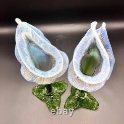 Pair of Victorian Kralik Opalescent Jack In The Pulpit Floriform Glass Vases