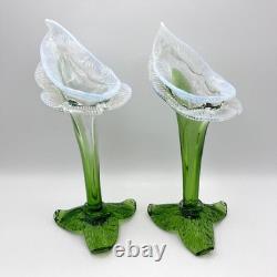 Pair of Victorian Kralik Opalescent Jack In The Pulpit Floriform Glass Vases